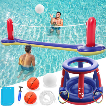 Jasonwell Pool Toys Games Set - 3 in 1 Pool Volleyball Net Basketball Hoop Ring Toss Game Inflatable Floats Water Floating Volleyball Swimming Pools Party Game Accessories Toy Gift Kids Teens Adults